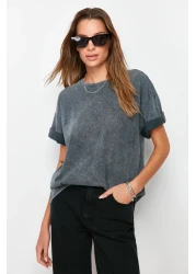  Collection Anthracite 100% Cotton Faded Effect Back Printed Boyfriend Crew Neck Knitted T-Shirt TWOSS23TS00109