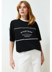  Collection Black 100% Cotton Color Blocked Slogan Oversize/Wide Fit Knitted T-Shirt TWOSS24TS00132