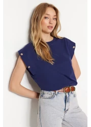  Collection Navy Blue 100% Cotton Button Detailed Wadding Appearance Basic Crew Neck Knitted T-Shirt TWOSS23TS00016