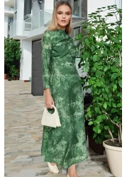  Modest Green Patterned Double Breasted Detailed Woven Dress with Collar TCTSS23EB00225