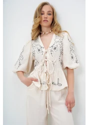 Trend Alaçatı Stili Women's Ecru V-Neck Skirt with Lacing and Embroidery Detail Flounced Muslin Linen Blouse Alc-X13993