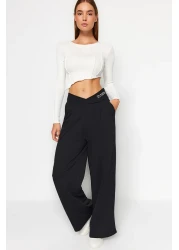  Collection Black Print Detailed Wide Leg/Relaxed Cut Asymmetrical Waist Knitted Trousers TWOAW23PL00389