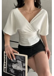 Fav Style Women's Short Sleeve Double Breasted Neck Back V Cross Band Detail Blouse White