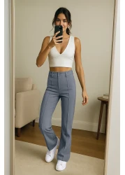  Collection Gray Straight Cut High Waist Ribbed Stitched Woven Trousers TWOSS21PL0093