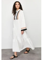  Modest Ecru Embroidery and Tassel Detailed Woven Dress TCTSS24EB00134