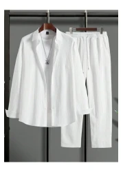 Fifty Color Bürümcük Crinkle Fabric Summer Lycra Women's Men's Long Sleeve Shirt and Sweatpants Set