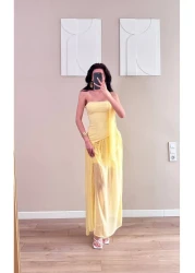 LOCH BUTİK فستان نسائي ذو شال أصفر وتنورة شيفون مطوي بفتحة متوسطة الطول