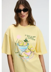 GRIMELANGE Nitza Women's 100% Cotton Oversize Crew Neck Yellow T-Shirt