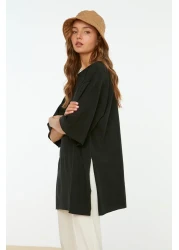  Collection تي شيرت محبوك غير متماثل Boyfriend - أسود، أكمام مزدوجة، واسع - TWOSS20TS0828