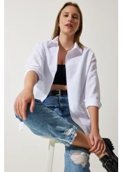 Happiness İstanbul قميص أساسي طويل كبير الحجم للنساء باللون الأبيض DD00842