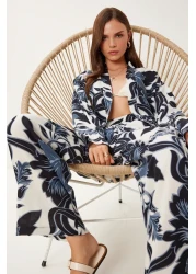 Lovelyİstanbul Patterned Summer Viscose Kimono Pants Set Smoked Bone Lje0003