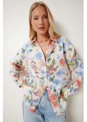 Happiness İstanbul قميص فيسكوز بسطح ساتان منقوش باللون الأزرق للنساء CR00504