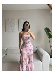 Zoom Butik فستان زهري بدون حمالات منسدل - وردي