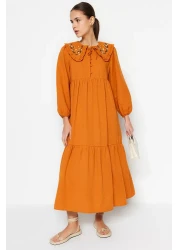  Modest Cinnamon Embroidery Detailed Linen Look Woven Dress Tctss23Eb00257