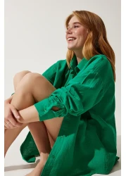 Happiness İstanbul قميص موسلين كبير الحجم بجيب أخضر للنساء MX00150