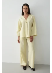 JASTE Women's Buttoned V-Neck Kimono & Elastic Waist Trousers Linen Set