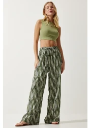 Happiness İstanbul Women's Khaki Patterned Flowing Viscose Palazzo Trousers EN00606