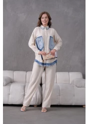 Miss Allos Women's Front Pocket Embroidered Pearl and Stone Embroidered Denim Detailed Linen Shirt and Pants Bottom Top Set