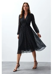  Collection Black Belt Polka Dot Lined Chiffon Flight Flight Woven Midi Dress Twoss24El00839