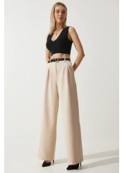Happiness İstanbul Women's Cream Wide Leg Masculine Woven Trousers HG00001