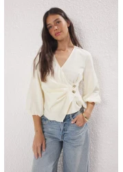  Collection Light Beige Double Breasted Striped Woven Blouse Twoss25Bz00170