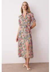  Collection Lilac Floral Pattern Belted Midi Woven Viscose Shirt Dress TWOSS20EL1559