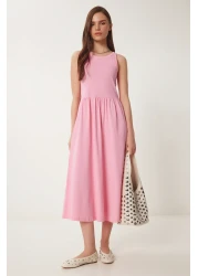 Happiness İstanbul Women's Pink Halter Neck Basic Summer Knitted Dress Cr00474