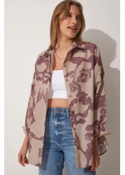 Happiness İstanbul قميص بوبلين كبير الحجم منقوش باللون البيج البرقوق للنساء DD01227