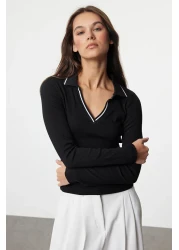  Collection Stretchy Corded Black Knitted Blouse - Knitwear Collar Detail, Fitted TWOAW25BZ00121