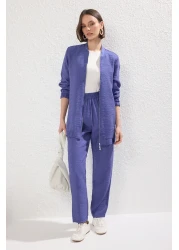  Modest Navy Blue Linen Look Woven Pants Tunic Bottom Top Suit Tctss24Us00016