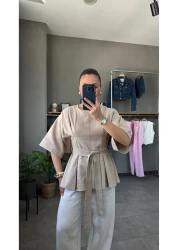 YOUR NAME Oversize Belted Ecru Linen Blouse