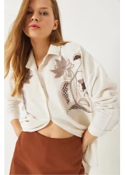 Bianco Lucci Women's Bead Stone Embroidery Embroidered Linen Aerobin Oversize Shirt 60283026