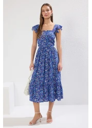  Collection Navy Blue Floral Print Square Collar A-line Viscose Midi Woven Dress TWOSS20EL3331