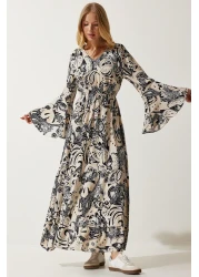 Happiness İstanbul Women's Beige Patterned Summer Viscose Dress DD01303