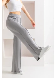 CNRCollection بنطال ضيق مضلع عالي الخصر باللون الرمادي - قماش مودال، بنطال واسع الساق