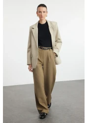  Collection High Waist Wide Leg Pleated Fabric Pants - Light Khaki Twoaw21Pl0076