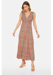  Collection Multicolored Floral Patterned V-Neck Sleeveless A-Line Maxi Knitted Dress TWOSS22EL1588