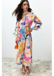  Modest Multi-Colored Magnifying Collar Drawstring Gather Detailed Abstract Woven Dress TCTSS24EB00103