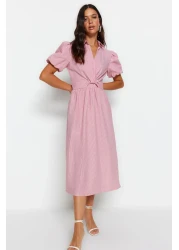  Collection Pink Striped Double Breasted Collar Midi Woven Dress TWOSS23EL02233