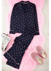  Collection Heart Ribbed Navy Blue Knitted Pajamas Set - 100% Cotton Thmaw24Pt00103
