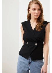  Collection Black Bone Button Detailed Double Breasted Woven Blouse TWOSS20BZ0707