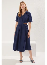  Collection Navy Blue A-Line Pleat and Belt Detail Poplin Lining Midi Woven Dress Twoss25El00060