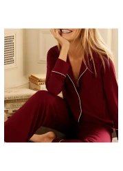 Siyah İnci Shirt Collar Buttoned Long Sleeve Viscose Pajama Suit Payroll 7829
