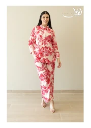 LINELLE Ladies Co-ord Pant Set- Pink Floral Print Shirt and Pant with Long Sleeves