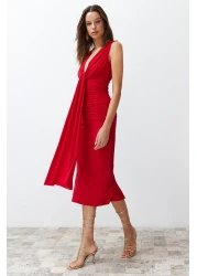  Collection Stylish Red Draped Knitted Evening Dress - Fitting on the Body, TPRSS24EL00161
