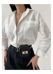GALAVİP Women's White Oversize Double Pocket Linen Shirt