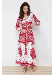  Modest Fuchsia Woven Satin Patterned Shirt Evening Dress TCTSS24EB00039