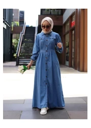 HARMAN BUTİK فستان حجاب طويل من الدنيم بأزرار باللون الأزرق الفاتح