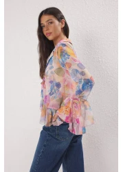  Collection Powder-Multicolor Front Body and Sleeve Ruffle Detailed Tie-Up Woven Shirt Twoss25Go00090