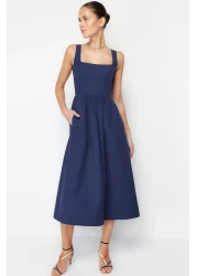  Collection Indigo Waist Midi Corset Woven Dress with Sewing Detail TWOSS24EL00038